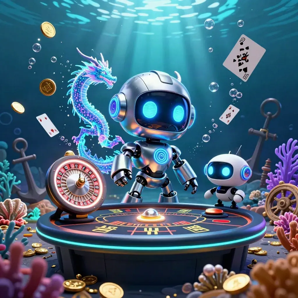 Cyberpunk robot, holographic dragon, and coin drone over a glowing underwater roulette cove with gold coins.