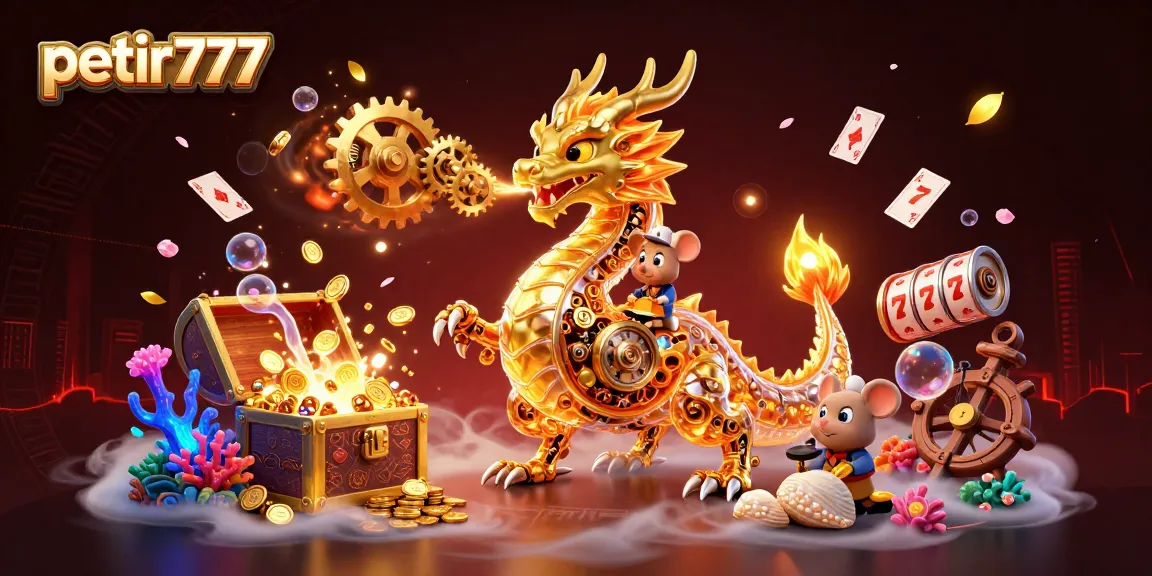 Experience thrilling wins at petir777 with a dynamic scene featuring a biomechanical dragon and golden treasures.