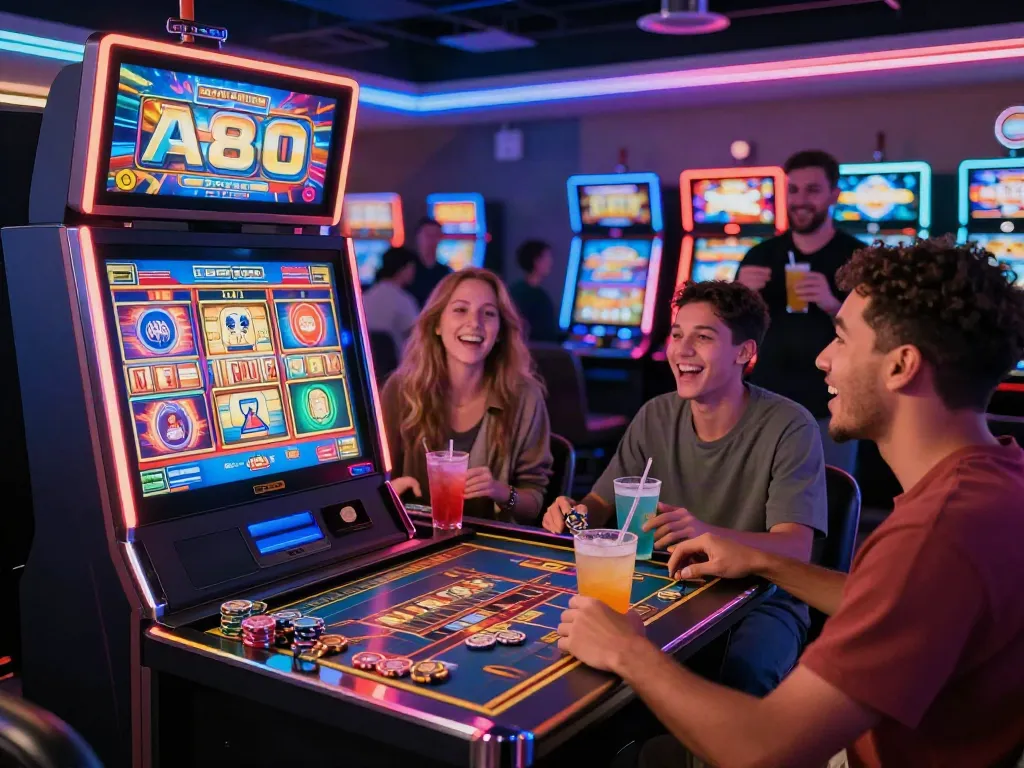 A80 slot information platform showcasing players enjoying a vibrant casino atmosphere with modern slot machines and neon lights.