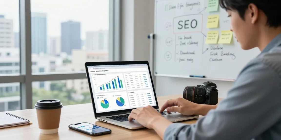 Expert analyzing SEO metrics for pbn link building service in modern workspace with city view.