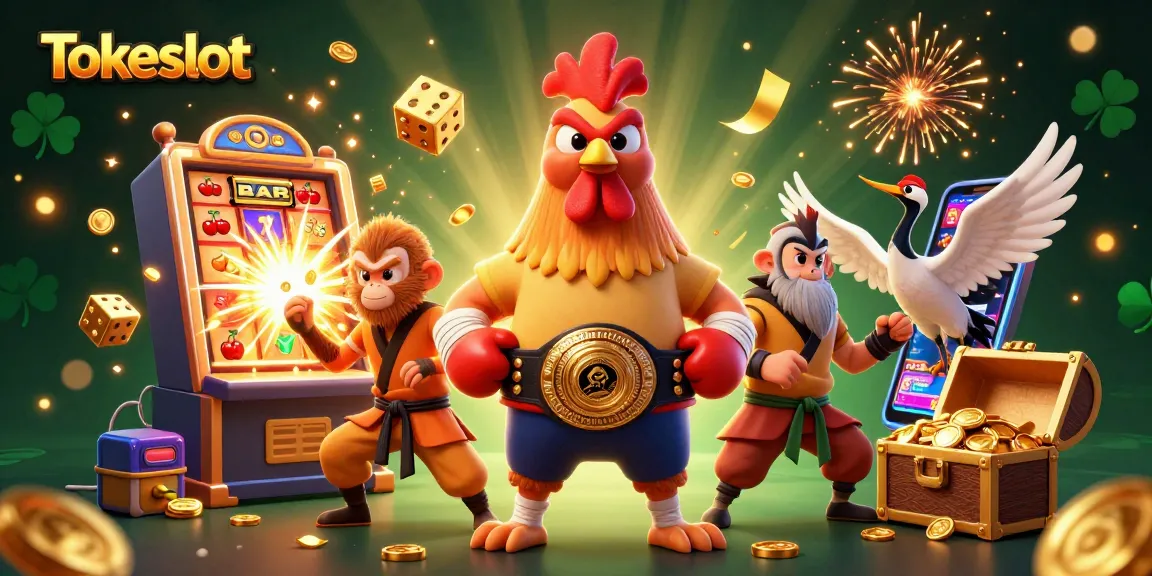 Tokeslot unleashes excitement with a vibrant slot machine scene featuring winning symbols and dynamic characters.