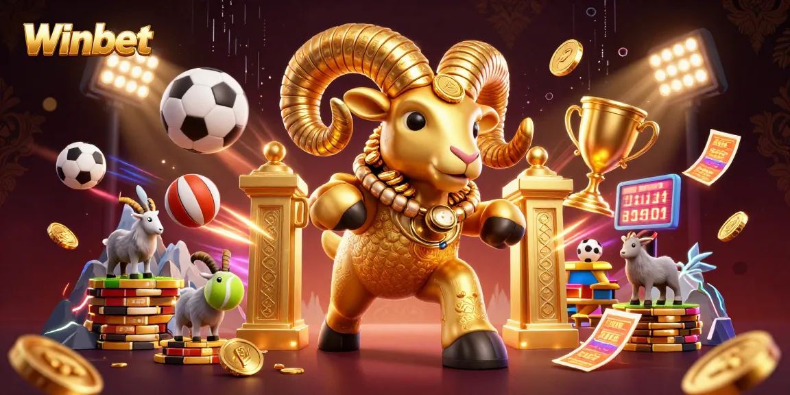 Winbet elevates sports betting excitement with a dynamic scene featuring a golden ram amidst symbols of triumph.