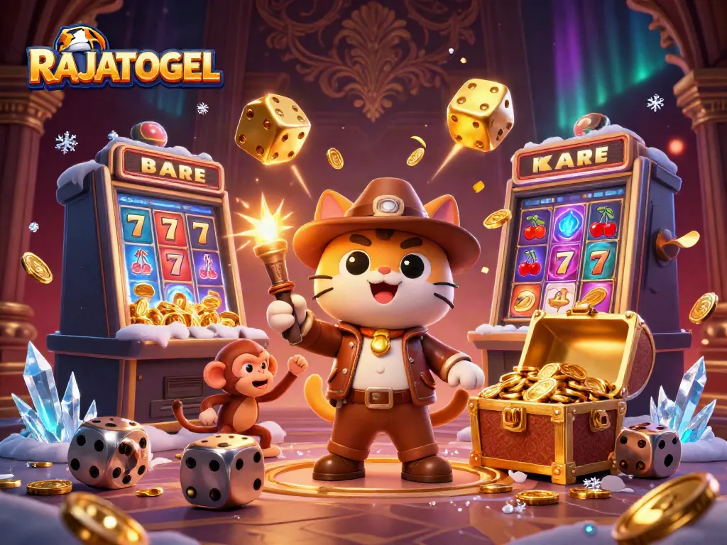 RAJATOGEL menyajikan ilustrasi 3D menarik dengan simbol permainan dan karakter pemancing keberuntungan.