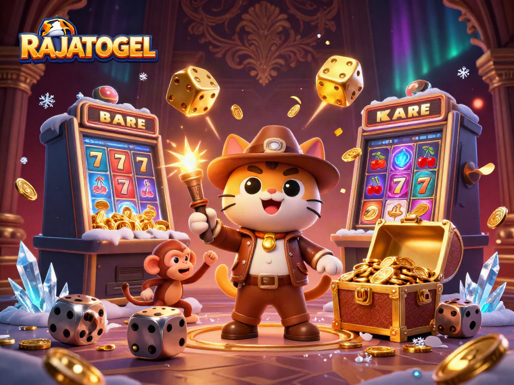 RAJATOGEL menyajikan ilustrasi 3D menarik dengan simbol permainan dan karakter pemancing keberuntungan.
