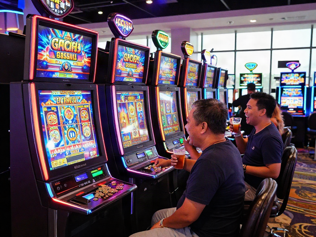 Exciting slot gacor 4d gaming scene capturing players thrilled by wins in a vibrant casino.