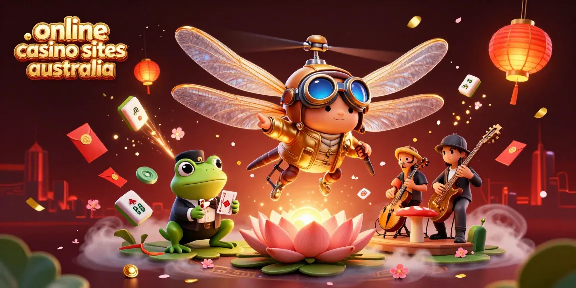 Engage with vibrant online casino sites Australia through a lively cartoon scene featuring a dragonfly pilot and frog croupier.