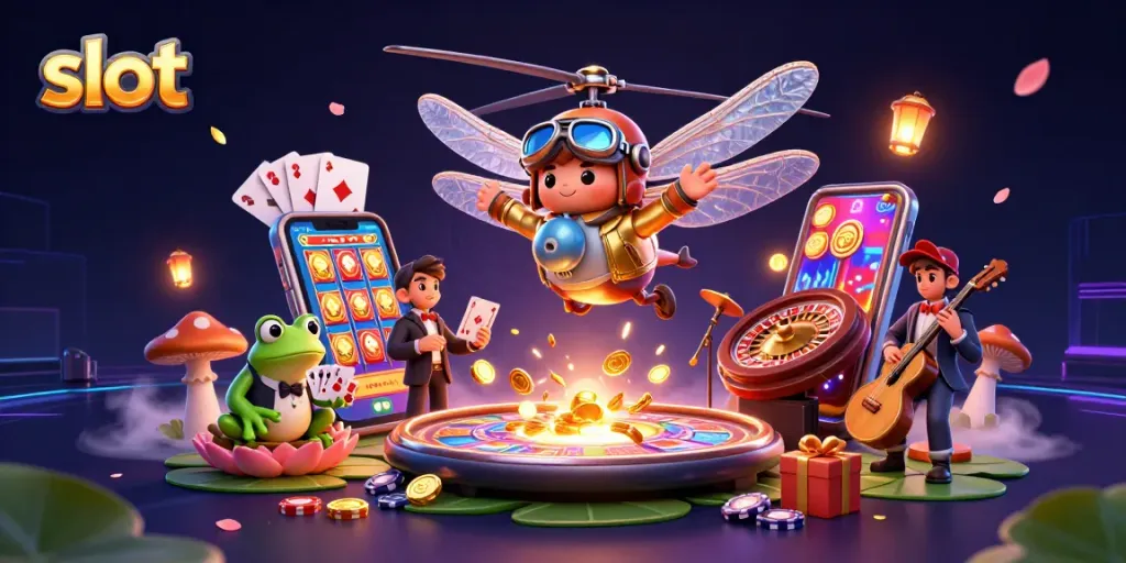 Mainkan slot dengan croupier katak di kasino lily pad, dikelilingi oleh jazz dan aplikasi slot.