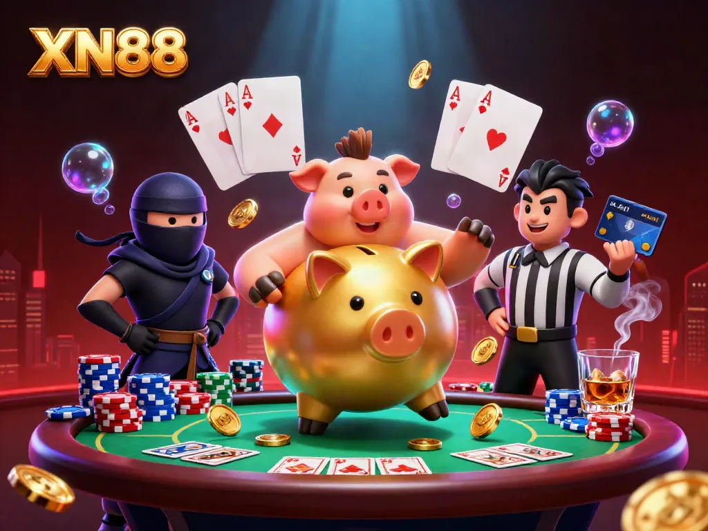 Experience thrilling gaming action at XN88 with a vibrant illustrated scene featuring a golden piggy bank sumo wrestler among poker elements.