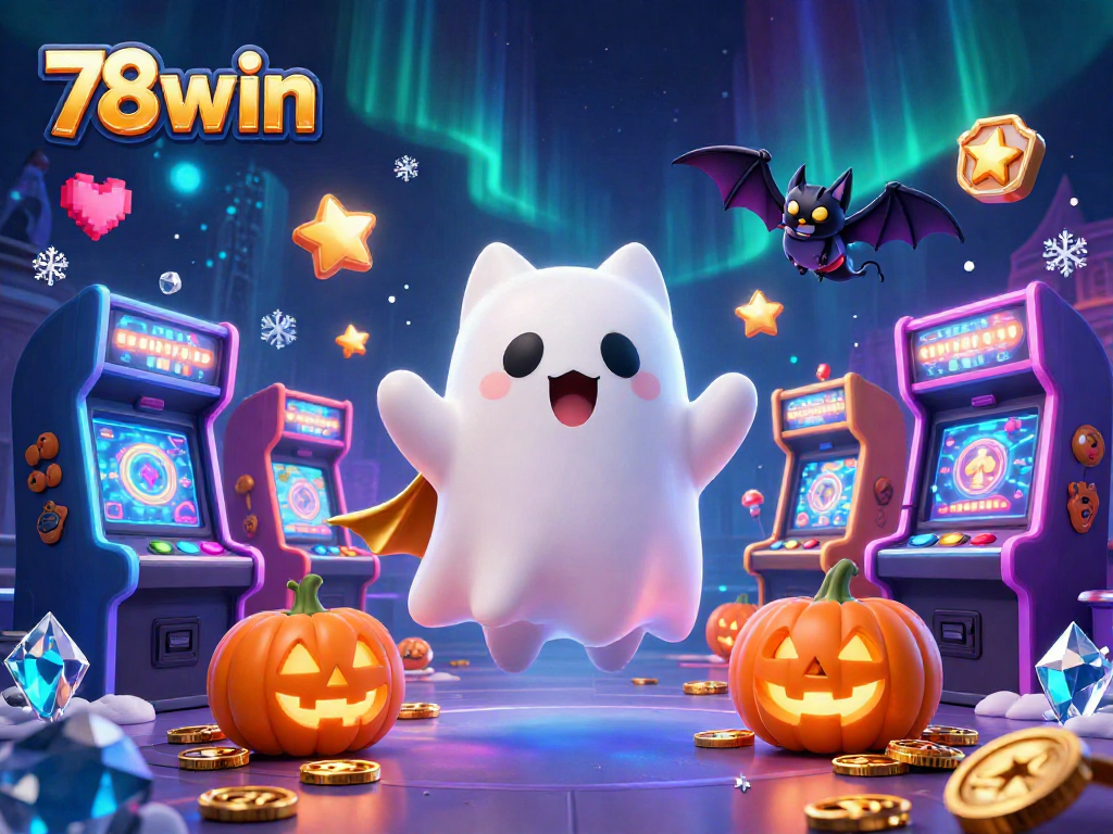 Experience the thrill of 78win casino with a ghost cat, glowing slot machines, and Halloween elements.