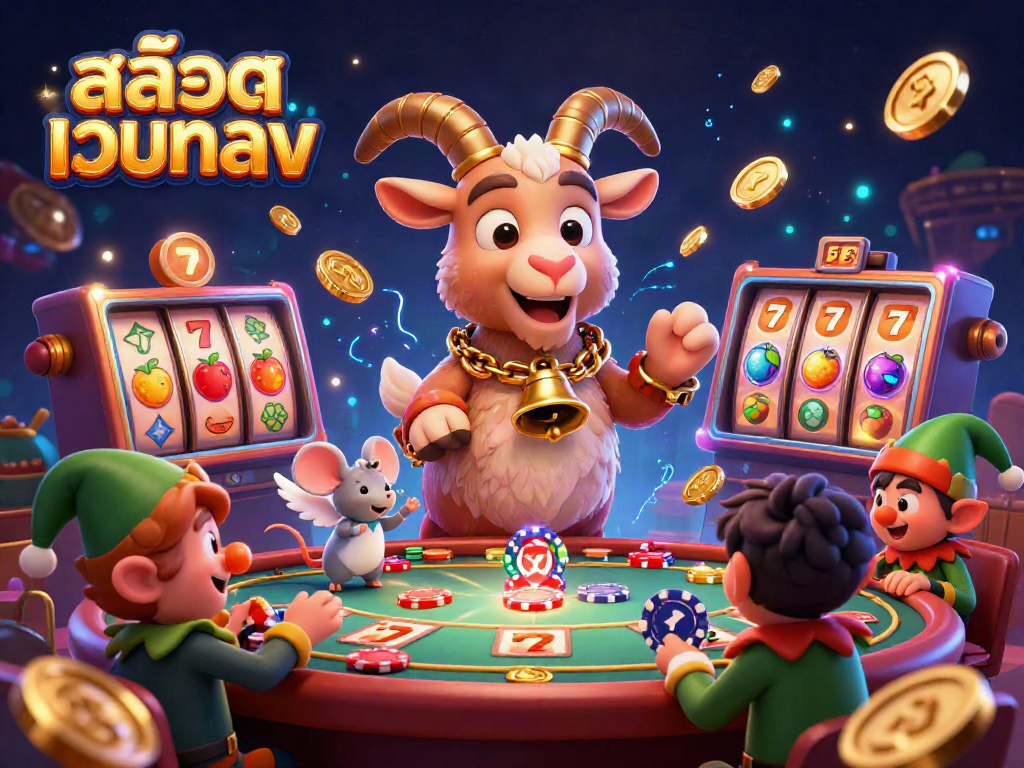 Experience the thrill of สล็อตเว็บตรง with our festive casino scene showcasing Krampus, angel mouse, and elf gremlins.