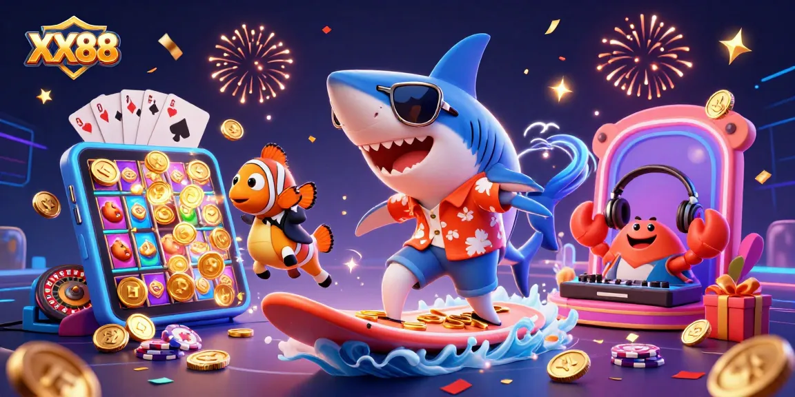 Surfers enjoy bold winnings in a vibrant XX88 casino-themed scene filled with festive energy.