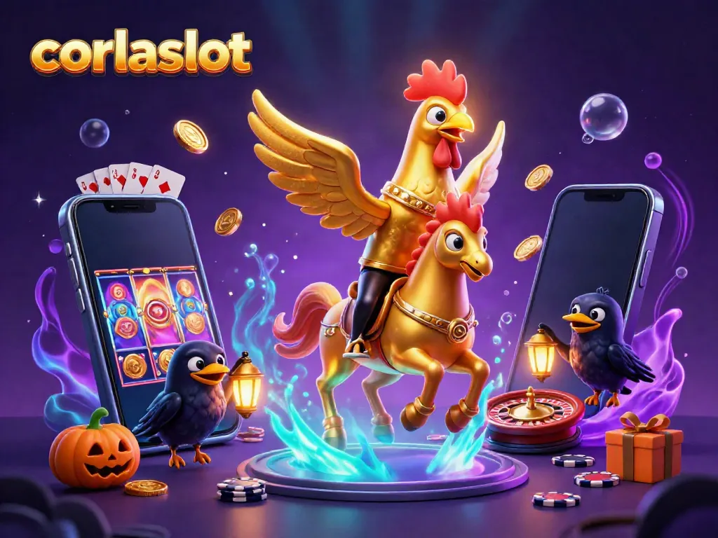 Experience corlaslot's thrilling world with a golden rooster hero, vibrant casino elements, and dynamic gaming action.