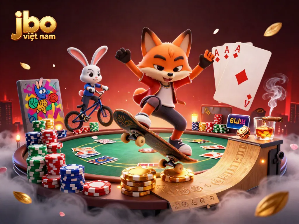 Engage with the vibrant scene of jbo việt nam as a skateboarder fox performs tricks amidst casino symbols.