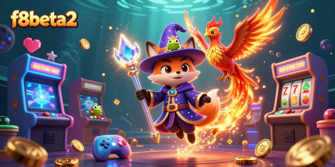 Engage in captivating gaming with f8beta2's 3D casino-themed illustration featuring a wizard fox and vibrant game elements.