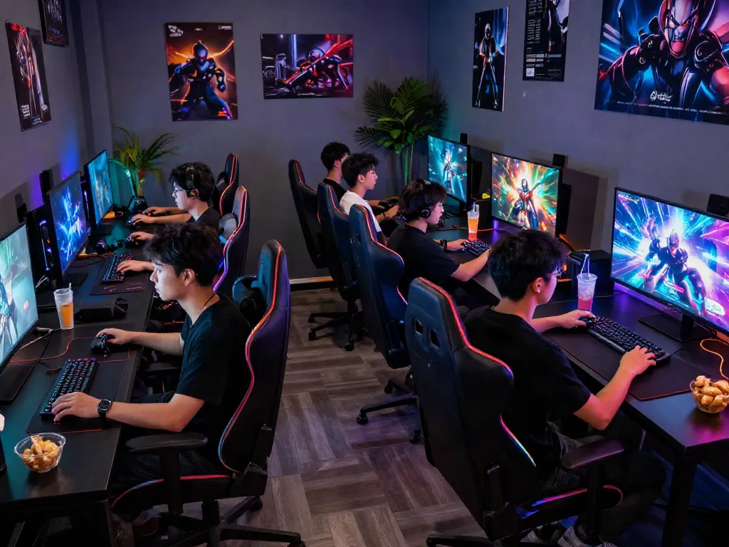 Gamers enjoying rokok88 super multiplayer gaming session in vibrant lounge.