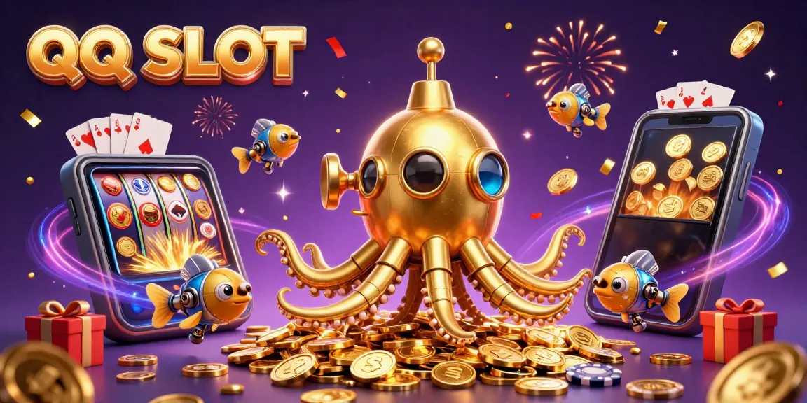 Experience the excitement of QQ SLOT with a vibrant 3D illustration of a golden kraken and slot game elements.