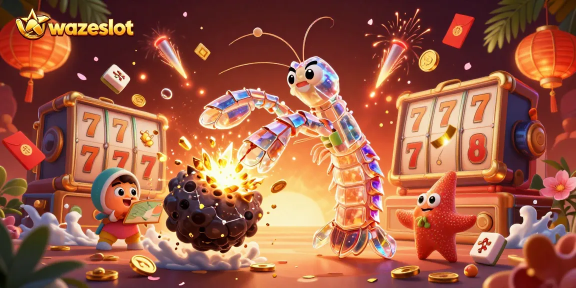 Experience thrilling wins at WAZESLOT while a mantis shrimp breaks through an asteroid filled with gems.