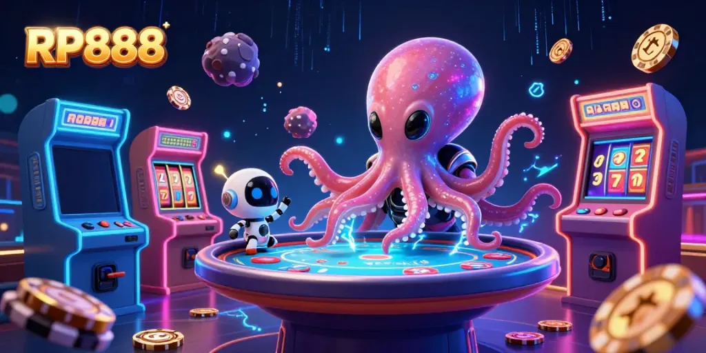 Mainkan RP888 dengan ilustrasi alien dan robot di meja poker bertema futuristik.
