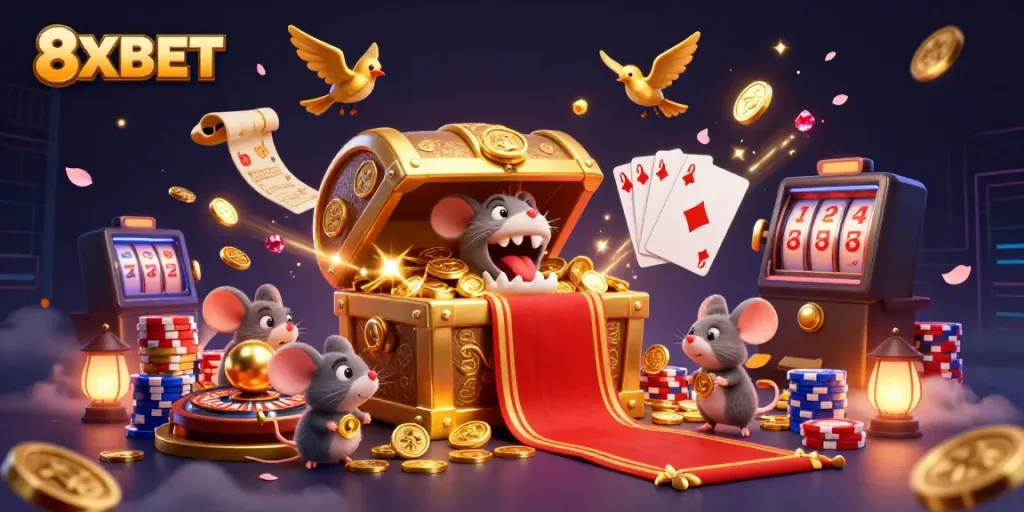 Engaging scene showcasing 8XBET with a treasure chest and adventurer mice in a vibrant casino environment.