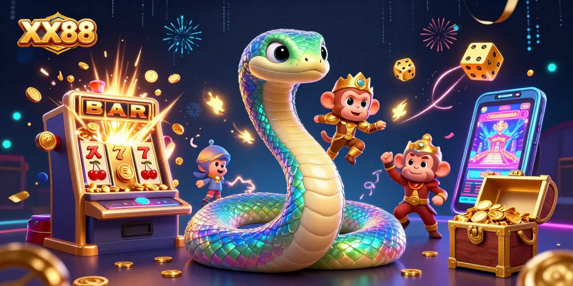 Spin the reels at XX88 with a vibrant scene of a rainbow serpent, playful monkey, and dynamic casino elements.