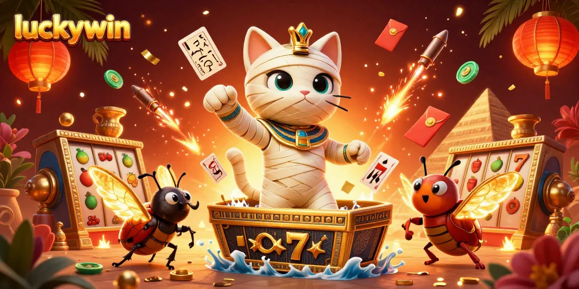 Experience luckywin in a vibrant casino atmosphere with a mummy cat and glowing elements.