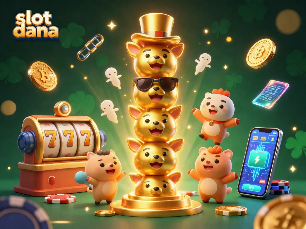 Taruhan slot dana yang menguntungkan dengan simbol dan elemen kasino menarik dalam ilustrasi 3D.