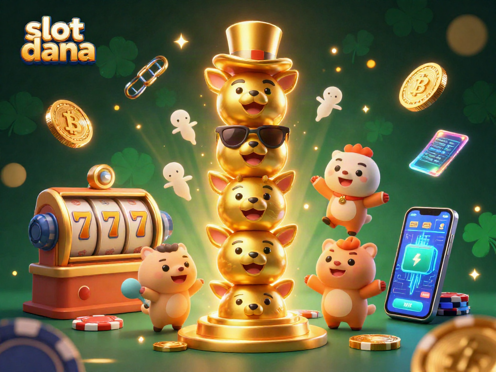 Taruhan slot dana yang menguntungkan dengan simbol dan elemen kasino menarik dalam ilustrasi 3D.