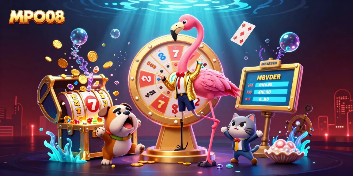 Engaging promotional MPO08 scene with a vibrant game show setup, showcasing exciting slot elements.
