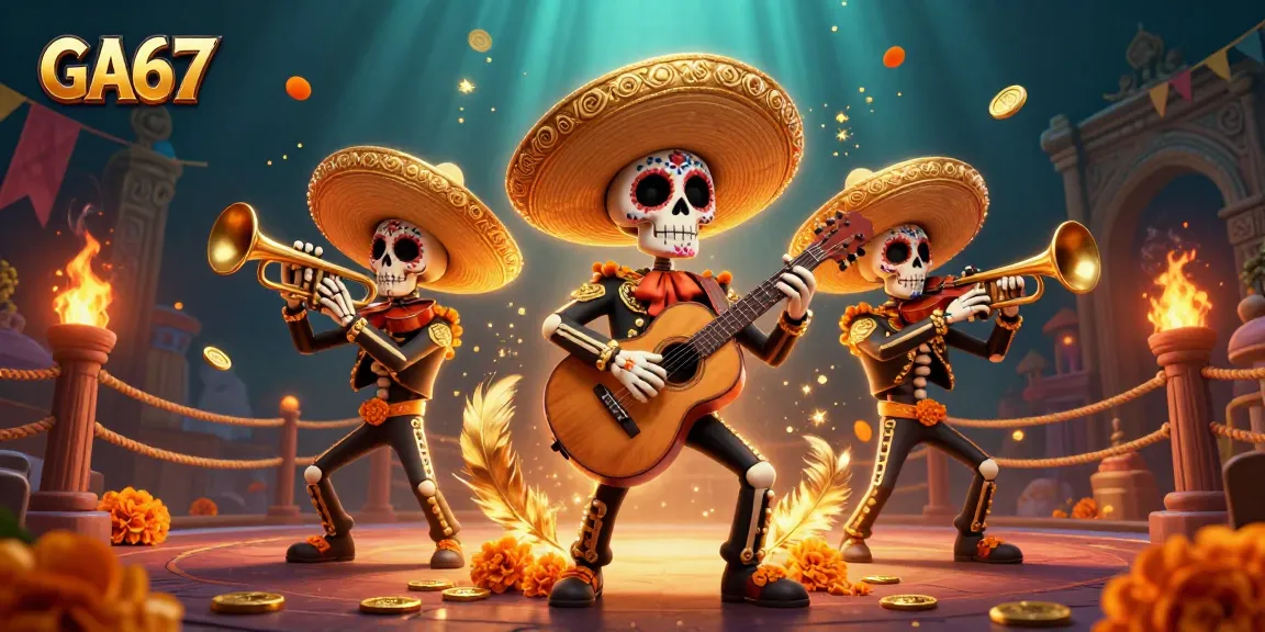 GA67 showcases a vibrant skeleton mariachi band in a dynamic gambling scene filled with colorful elements.