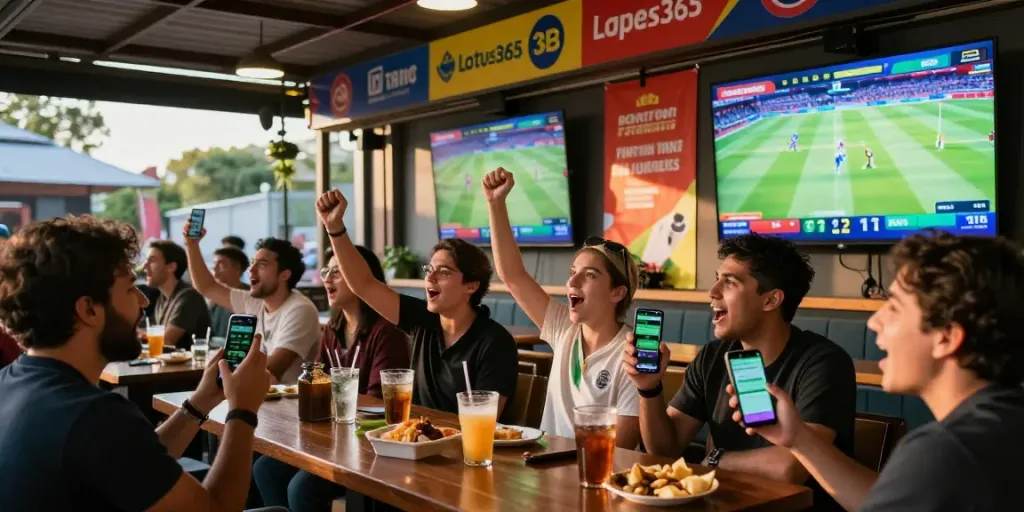 Excited fans enjoying sports betting with lotus365 in a lively outdoor lounge.