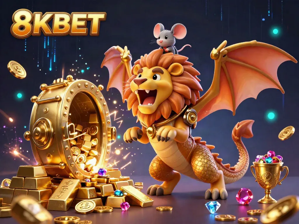 Experience the vibrant 8KBET gaming atmosphere featuring a roaring chimera and golden treasure.