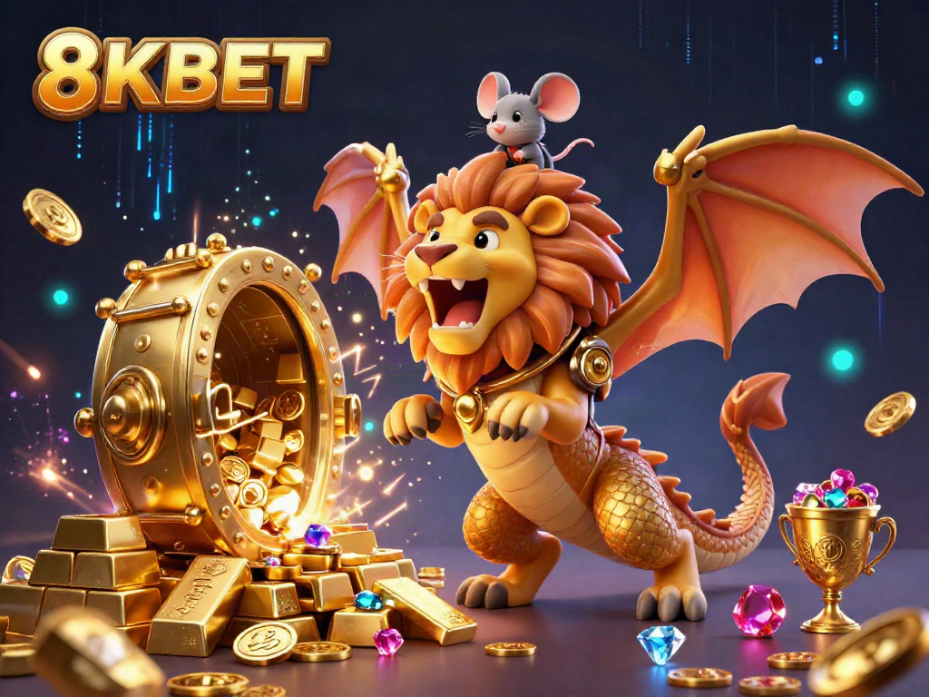 Experience the vibrant 8KBET gaming atmosphere featuring a roaring chimera and golden treasure.