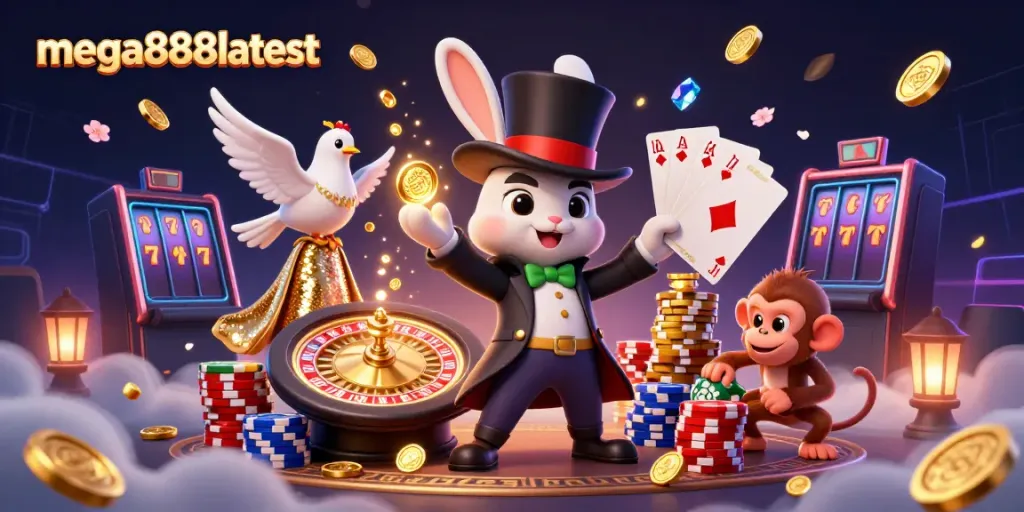 mega888latest mempamerkan ilustrasi 3D kartun dengan pelbagai elemen kasino dan keseronokan permainan.