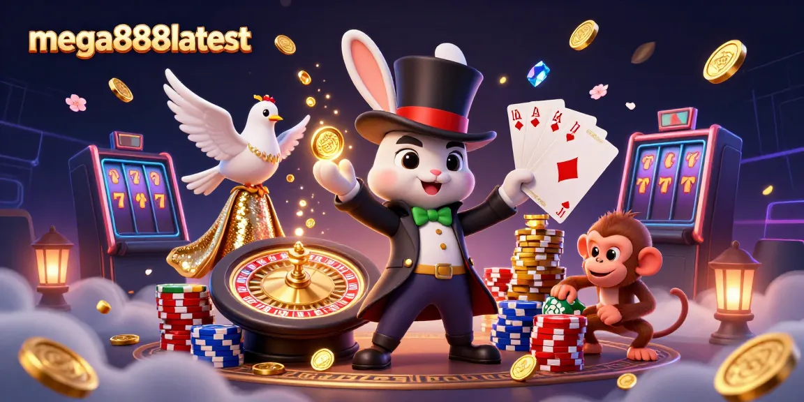 mega888latest mempamerkan ilustrasi 3D kartun dengan pelbagai elemen kasino dan keseronokan permainan.