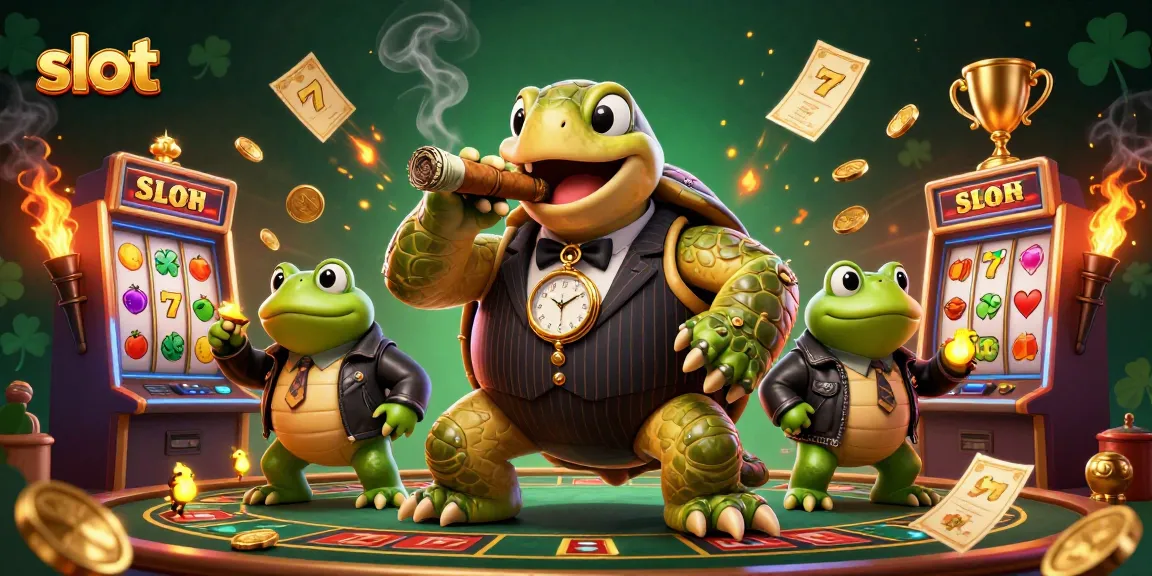 Spin the reels on joyous slots as a snapping turtle leads the fun with bullfrog buddies in a vibrant casino.