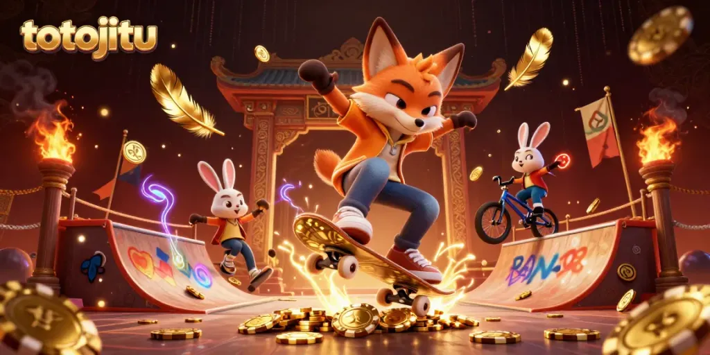 Experience engaging casino-themed action with totojitu featuring fox and rabbit characters performing tricks.