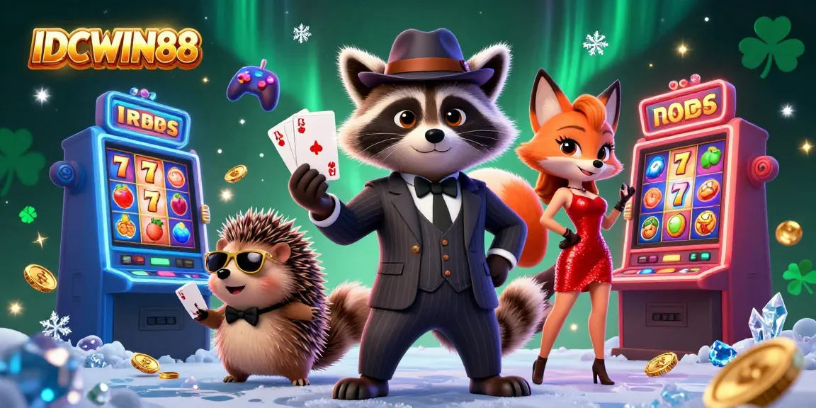 Engage with IDCWIN88's vibrant gaming atmosphere featuring slot machines, raccoon in a royal flush hand.