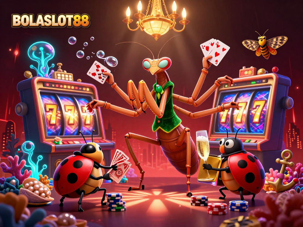 BOLASLOT88 features a dynamic casino scene with a giant card sharp and colorful slot elements, engaging players through excitement.