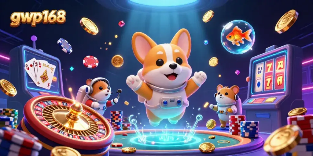 GWP168 memperlihatkan corgi astronaut 3D dan elemen kasino mengambang, memeriahkan suasana permainan.