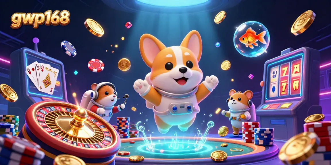 GWP168 memperlihatkan corgi astronaut 3D dan elemen kasino mengambang, memeriahkan suasana permainan.