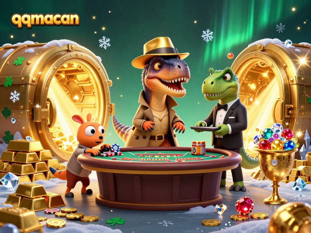 Engage with qqmacan excitement at a thrilling cartoon casino scene featuring daring characters.