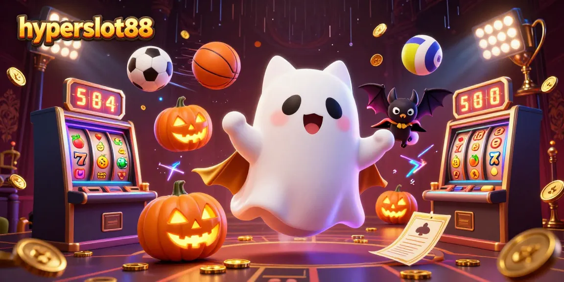 Engage in thrilling gameplay at hyperslot88 with a playful ghost cat and dynamic slot elements.