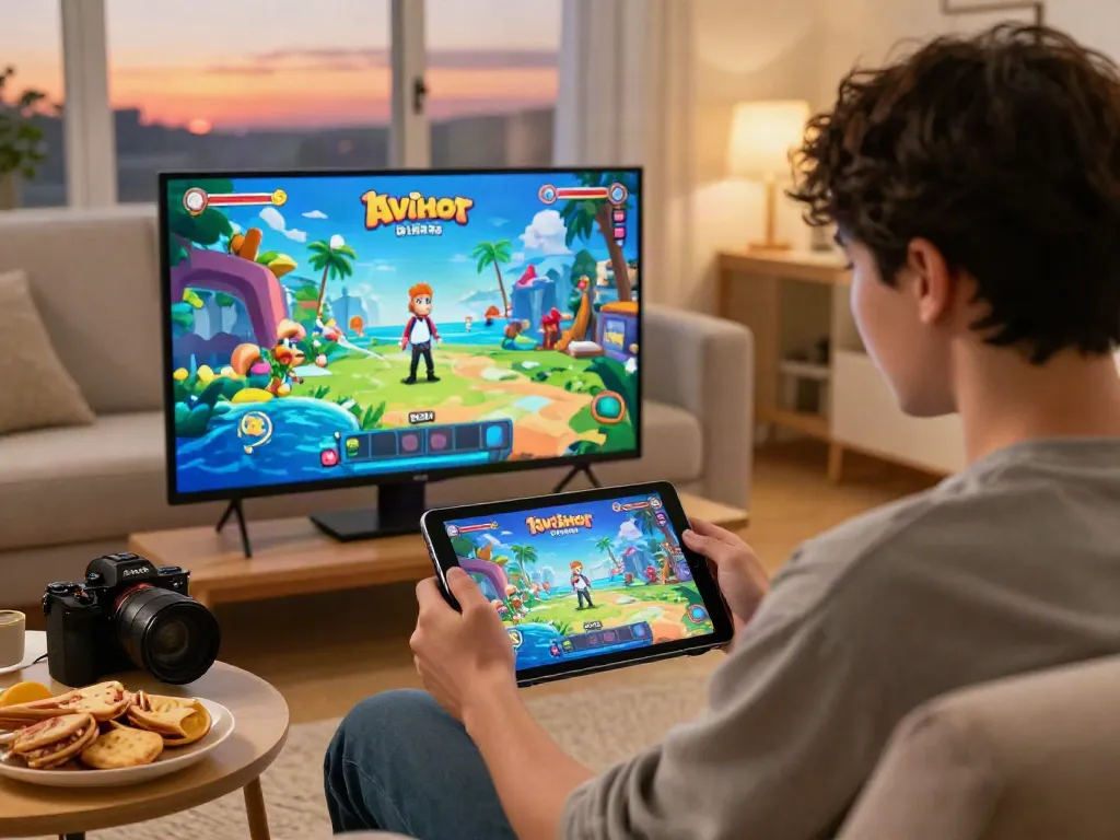 Engaged player enjoying Yono Games on a tablet surrounded by vibrant game graphics in a cozy setting.