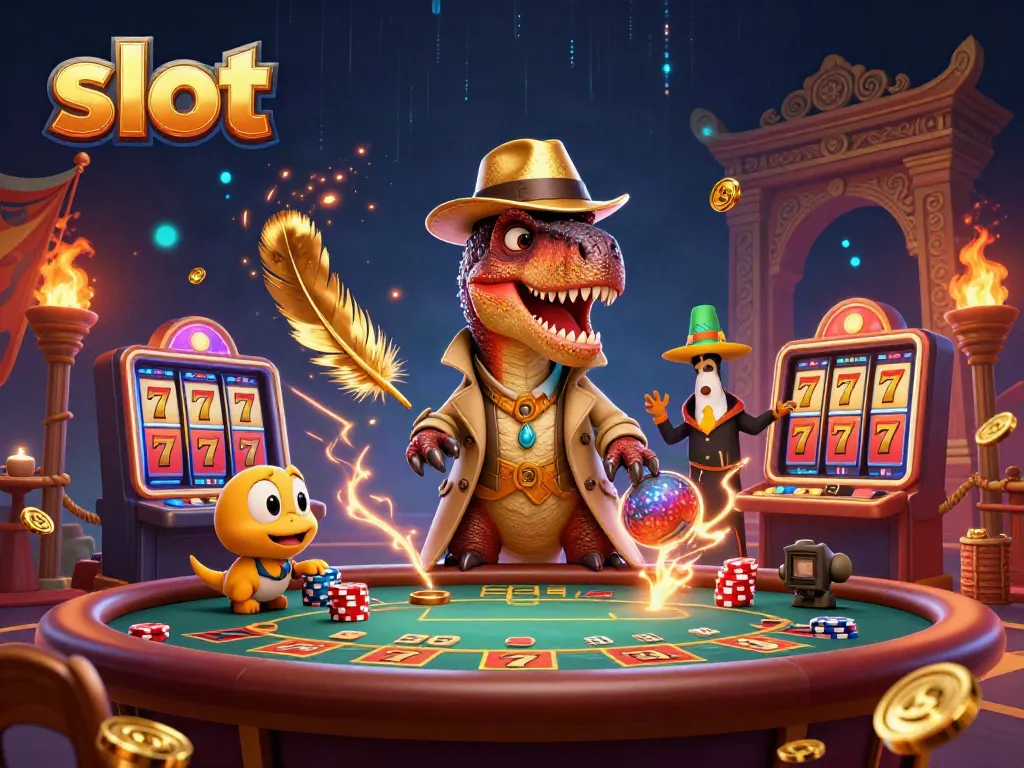 Slot-themed scene with a cartoon velociraptor at a blackjack table, captivating dynamic gambling atmosphere.