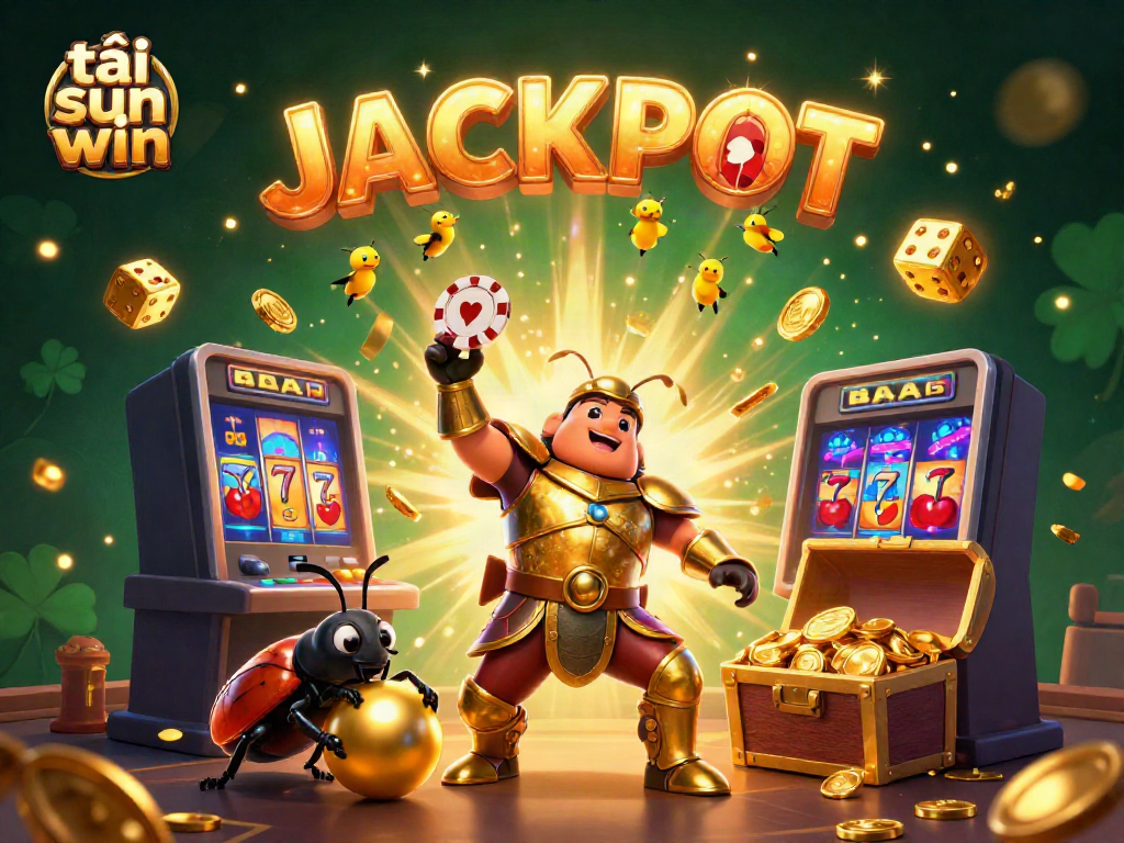 Play and win with the vibrant scene showcasing a 3D hercules beetle celebrating a jackpot with 'tải sun win' theme.