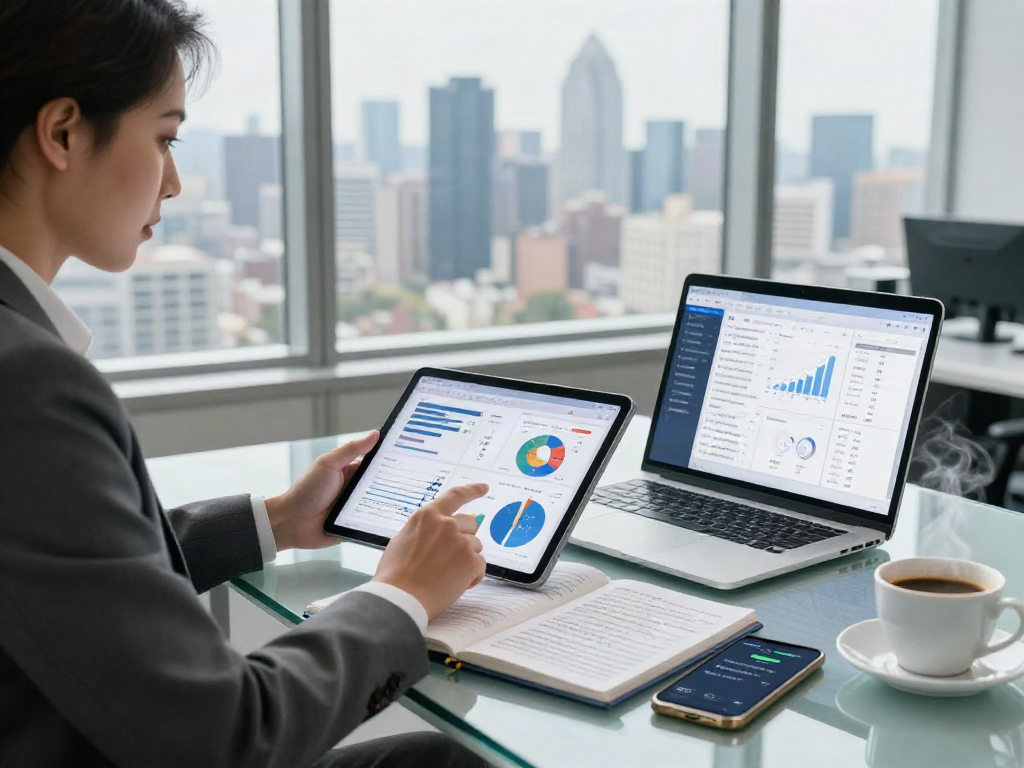 Financial expert analyzing data on a tablet to deposit 10k, modern office with city skyline view, engaged in strategic planning.