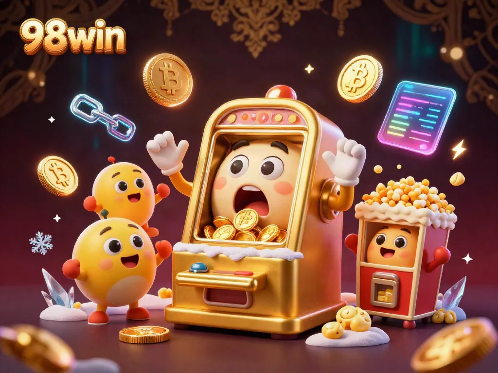 Experience the excitement of 98win as a golden slot machine celebrates its jackpot while coins pour out, surrounded by cheerful companions.