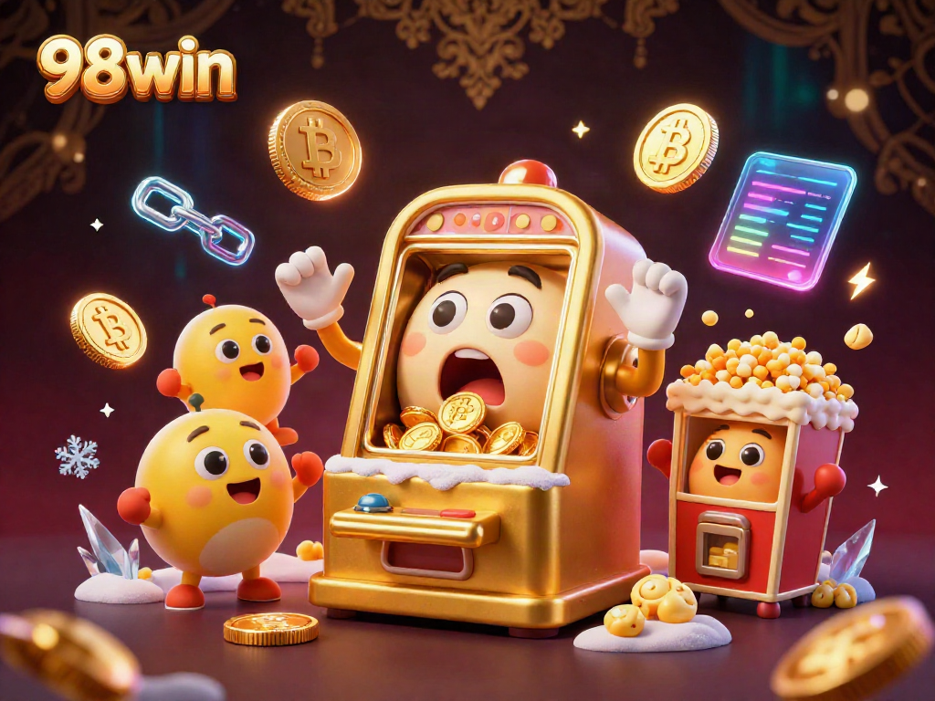 Experience the excitement of 98win as a golden slot machine celebrates its jackpot while coins pour out, surrounded by cheerful companions.