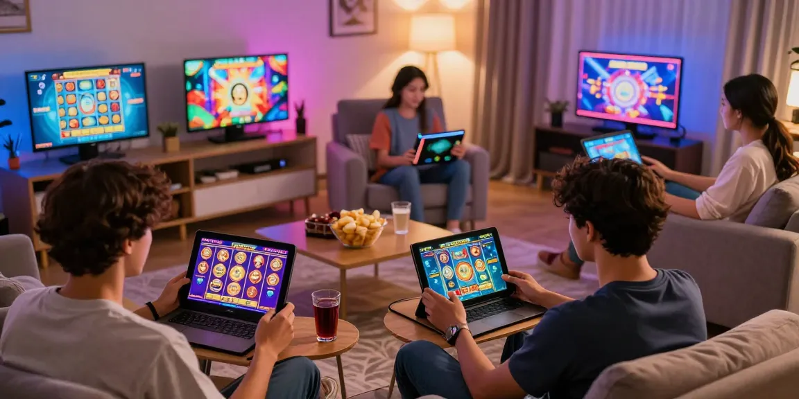 Exciting players enjoying slot777 games in a cozy home setup with engaging visuals and modern technology.