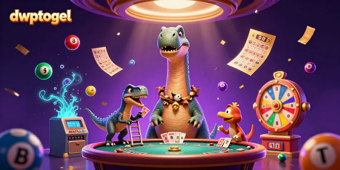 Gambarkan dwptogel dengan dinosaurus raksasa di kasino, kartu, dan bola lotere berwarna-warni.